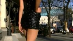 Spicy Blonde Slut In Tight Leather Miniskirt / Minidress Upskirt Butt Flashed