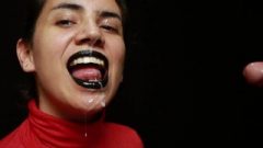 Cfnm – Red Turtleneck, Ebony Lips – Wank + Spunk Mouthful + Spunk On Clothes